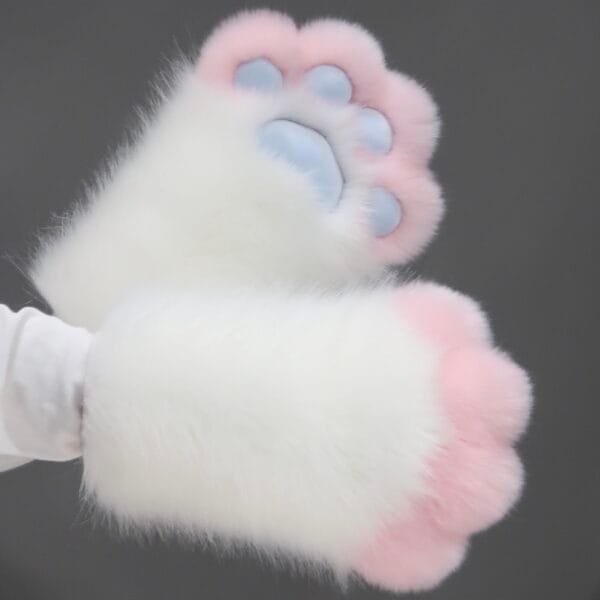 Artist Handmade Fursuit Paws - White Pink Fur & Blue Meant Pad Cat Paws(One Pair)